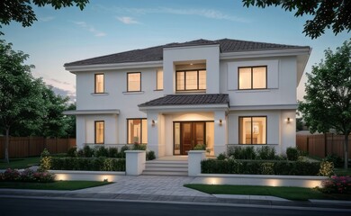 Fototapeta premium A Contemporary Dwelling with Stylish Architecture, Beautiful Exterior Design, and a Serene Garden Setting. Perfect Family Home in a Residential Neighborhood, Featuring Thoughtful Construction 
