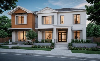 Fototapeta premium A Contemporary Dwelling with Stylish Architecture, Beautiful Exterior Design, and a Serene Garden Setting. Perfect Family Home in a Residential Neighborhood, Featuring Thoughtful Construction 