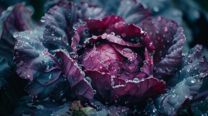 Red Cabbage with droplets of water on a farm field