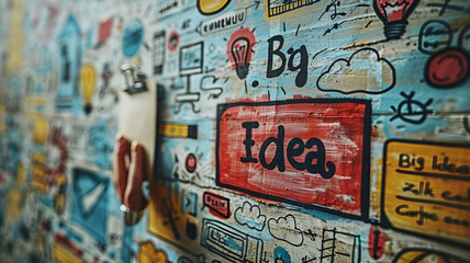 hand holding a sticky note with "Big Idea" against a background filled with colorful doodles and sketches, symbolizing brainstorming and creative planning generative ai