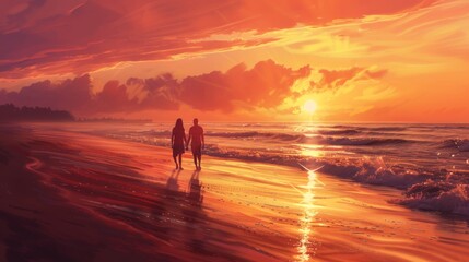 A couple enjoying a romantic walk along a beach at sunset, with the sky painted in hues of orange and pink and waves washing ashore.,photorealistic,high detail,realistic