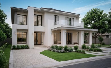 Fototapeta premium A Contemporary Dwelling with Stylish Architecture, Beautiful Exterior Design, and a Serene Garden Setting. Perfect Family Home in a Residential Neighborhood, Featuring Thoughtful Construction 