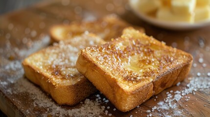 Buttered Sugar Toast Displayed on a Wooden Surface
