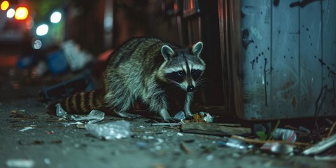 A close-up of a raccoon rummaging through a trash can in a city alley at night