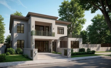 Fototapeta premium A Contemporary Dwelling with Stylish Architecture, Beautiful Exterior Design, and a Serene Garden Setting. Perfect Family Home in a Residential Neighborhood, Featuring Thoughtful Construction 