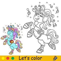 Kids coloring with color template cute dancing unicorn vector