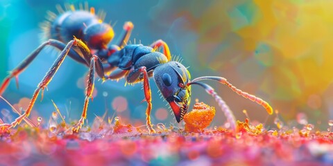 Close-up macro shot of an ant carrying food, detailed textures and vibrant colors, sharp and clear