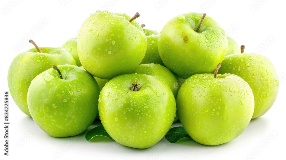 Poster bunch of tasty green apples on white background