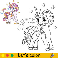 Kids coloring with cute unicorn and rainbow vector
