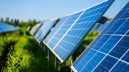 Obraz premium Harnessing the Sun's Power: Panoramic View of Solar Panels Farm on a Sunny Day