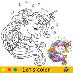 Coloring with color template dreaming unicorn portrait vector
