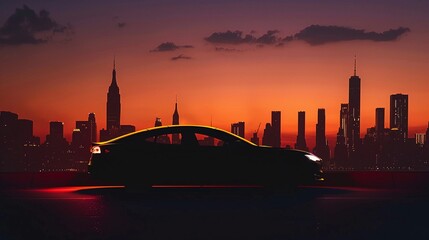 Obraz premium City Skyline Drive, silhouette of a car driving along a road with a city skyline in the background