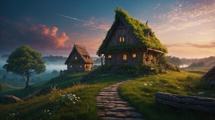 Beautiful agricultural landscape with farmer