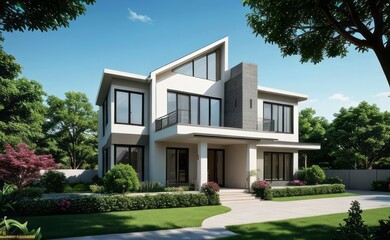 A Contemporary Dwelling with Stylish Architecture, Beautiful Exterior Design, and a Serene Garden Setting. Perfect Family Home in a Residential Neighborhood, Featuring Thoughtful Construction	