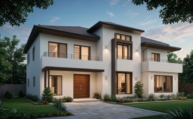Fototapeta premium A Contemporary Dwelling with Stylish Architecture, Beautiful Exterior Design, and a Serene Garden Setting. Perfect Family Home in a Residential Neighborhood, Featuring Thoughtful Construction 