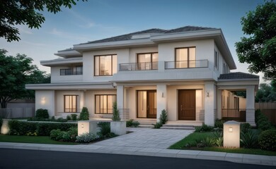 Fototapeta premium A Contemporary Dwelling with Stylish Architecture, Beautiful Exterior Design, and a Serene Garden Setting. Perfect Family Home in a Residential Neighborhood, Featuring Thoughtful Construction 