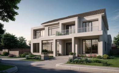 Fototapeta premium A Contemporary Dwelling with Stylish Architecture, Beautiful Exterior Design, and a Serene Garden Setting. Perfect Family Home in a Residential Neighborhood, Featuring Thoughtful Construction 