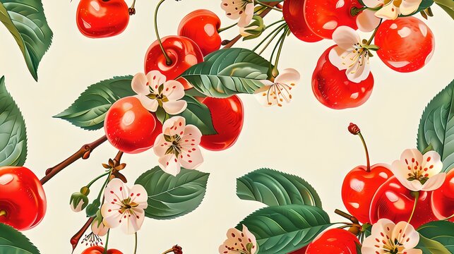 Beautiful Cherry Blossom Art Print. Bright red cherries with flowers and leaves. Botanical illustration style for decor or design projects. AI
