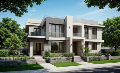 Fototapeta premium A Contemporary Dwelling with Stylish Architecture, Beautiful Exterior Design, and a Serene Garden Setting. Perfect Family Home in a Residential Neighborhood, Featuring Thoughtful Construction 