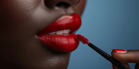 A close-up of a african female lips applying bright red lipstick