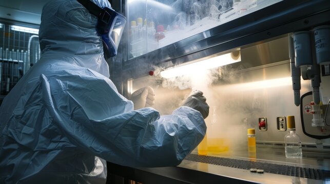 Laboratory Scientist Conducting Chemical Reaction in Fume Hood with Safety Equipment and Lab Gear.