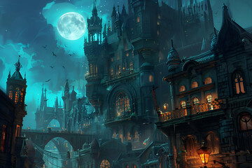 Imagine a castle with a full moon above and a city in the foreground
