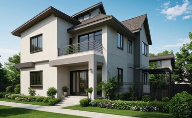 Fototapeta premium A Contemporary Dwelling with Stylish Architecture, Beautiful Exterior Design, and a Serene Garden Setting. Perfect Family Home in a Residential Neighborhood, Featuring Thoughtful Construction 
