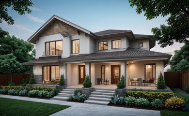 Fototapeta premium A Contemporary Dwelling with Stylish Architecture, Beautiful Exterior Design, and a Serene Garden Setting. Perfect Family Home in a Residential Neighborhood, Featuring Thoughtful Construction 