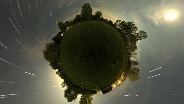 Amazing night time lapse, starlapes, featuring moving stars, clouds, Northern Lights, and ever-changing, moving perspective. This is an entirely real time lapse shot with a 360 degree camera.