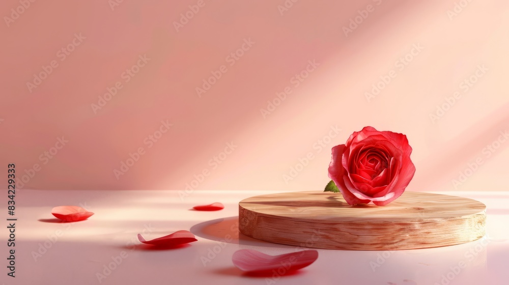 Wall mural podium for product presentation, red rose around. red rose day concept. background for business