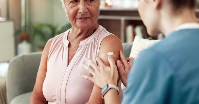 Senior, woman and nurse with plaster on arm for wound care or vaccination, injection and protection of germs. Medical employee, elderly person and adhesive strip in retirement home for healthcare.
