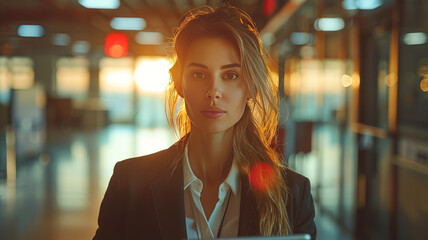 Serious female administrative manager in formal suit walking in office with digital tablet for checking office working process,generative ai