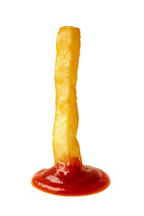 A single french fry dipped in red ketchup isolated on transparent or white background, png