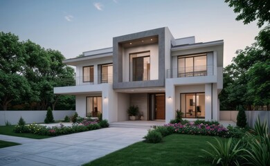 Fototapeta premium A Contemporary Dwelling with Stylish Architecture, Beautiful Exterior Design, and a Serene Garden Setting. Perfect Family Home in a Residential Neighborhood, Featuring Thoughtful Construction 