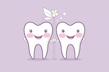A minimal illustration of two teeth holding a large vertical tooth fairy wand**: The teeth are one on the right and the other one on the left, smiling with eyes open