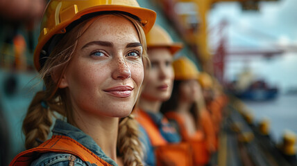 Obraz premium diverse group of maritime job candidates, foreground, confident expressions, modern shipping containers,generative ai