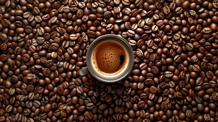 Coffee cup surrounded by coffee beans. Top view of espresso. Rustic brown style. Perfect for coffee shop ads and blogs. AI