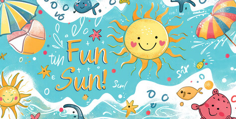 Obraz premium Summer time children's themed design illustration with paintings of the sun and beach atmosphere