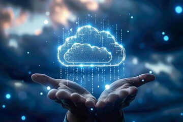 Digital cloud icon hovering above open hands with binary code falling. Futuristic and technology concept for design and print