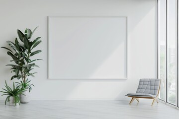 Empty wooden frame mock up on a white wall with a modern chair, plant and window from right. Scandinavian home minimalist interior design concept for design and print