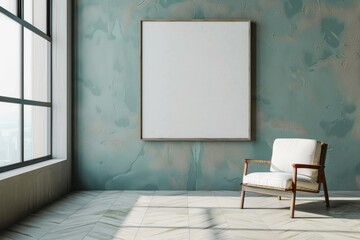 Empty wooden frame mock up on a white wall with a modern chair and window from left. Scandinavian home minimalist interior design concept for design and print