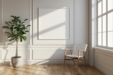 Empty wooden frame mock up on a white wall with a modern chair, plant and window from right. Scandinavian home minimalist interior design concept for design and print