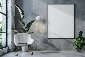 Empty wooden frame mock up on a white wall with a modern chair, plant and window from left. Scandinavian home minimalist interior design concept for design and print