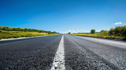 Fototapeta premium An empty, open road stretching into the horizon under a clear sky, the simplicity of the scene evoking a sense of freedom and endless possibility.