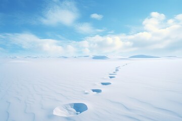 The footprints are visible in the snow, and the sky is blue and cloudless.