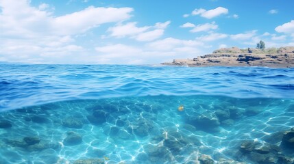 Fototapeta premium A Serene View of the Clear Blue Ocean with Rocky Shoreline Under a Cloudy Sky