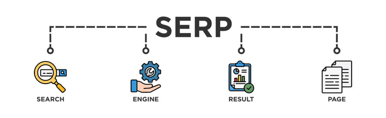 SERP banner web icon illustration concept for search engine result page with icon of web search, computer, search engine, mobile search, page result, and statistics graph