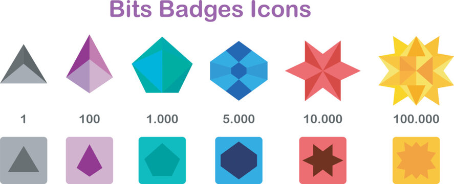 Bits Badges Icons of Twitch. Bit icons for gaming social media.