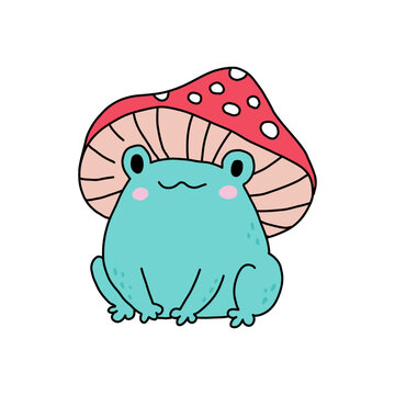 cute blue frog under red mushroom clip art preview