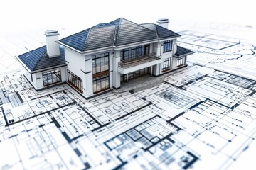 "Architectural drafts and model house, construction planning in focus, technical drawing, real estate development."